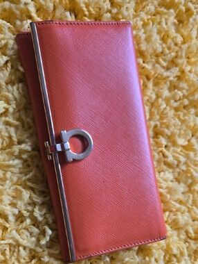 Salvatore Ferragamo Orange Leather Wallet with Silver-Tone Gancini